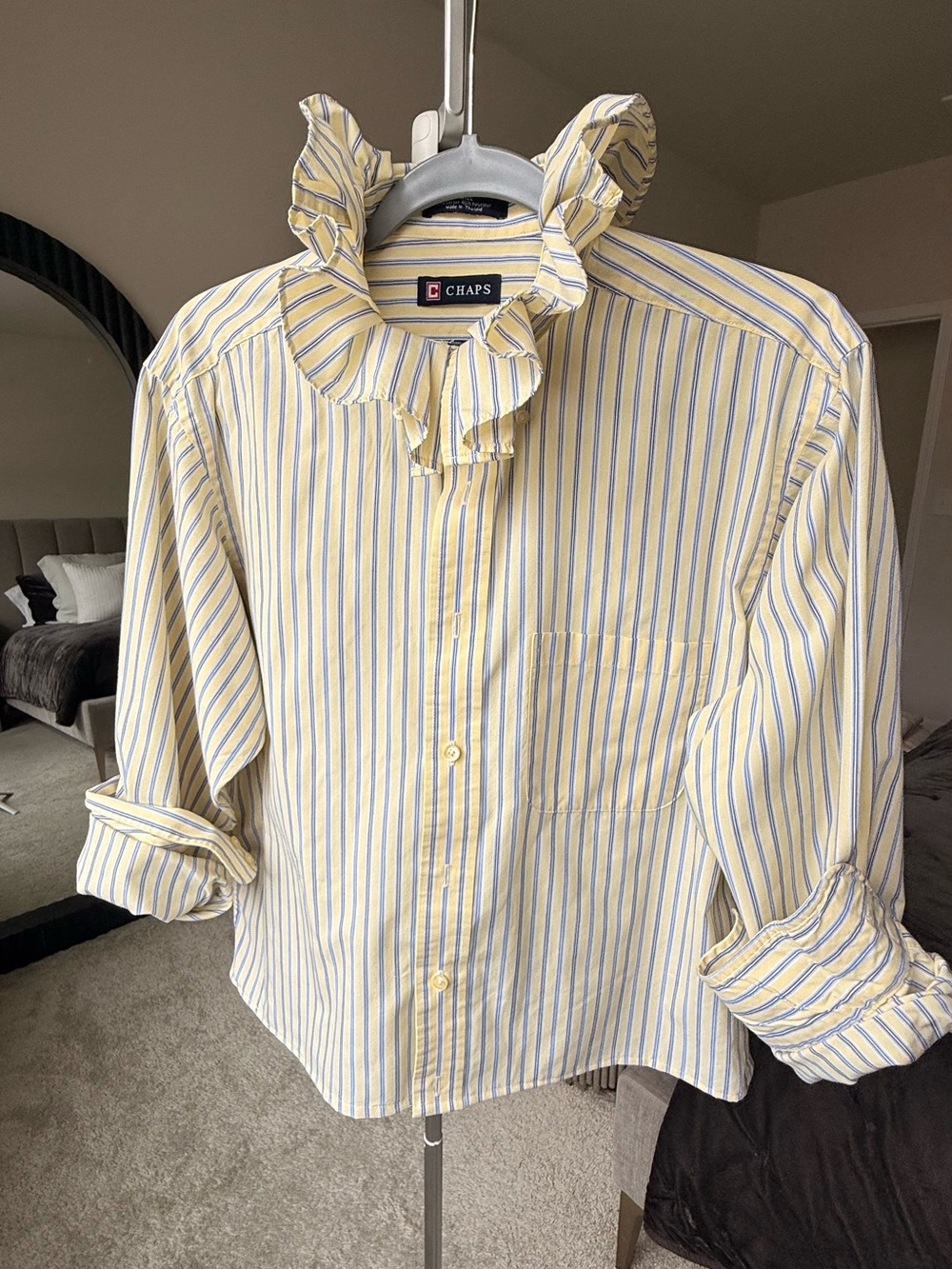 Reloved Upcycle ♻️ Chaps Yellow and Blue Striped Ruffle Collar Blouse